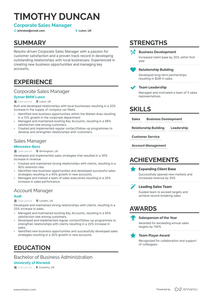 Corporate Sales Manager resume example