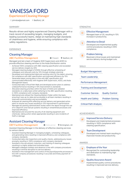 Cleaning Manager resume example