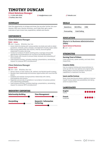 Client Relations Manager resume example