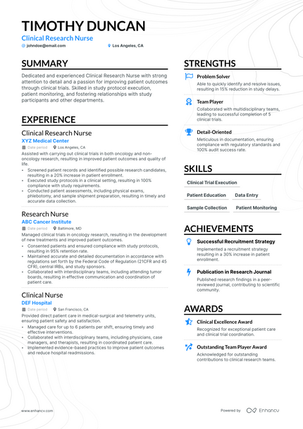 Clinical Research Nurse resume example