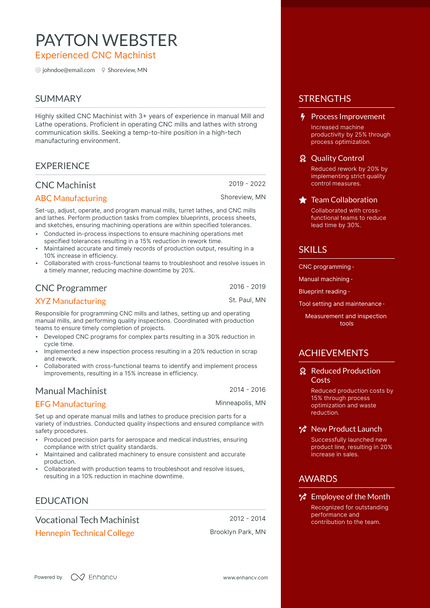 CNC Machinist resume example