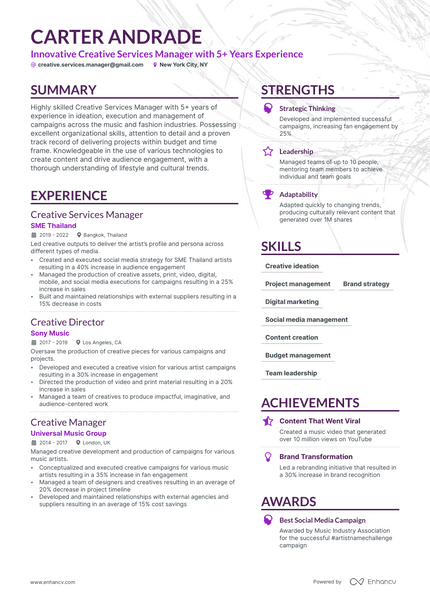 Creative Services Manager resume example