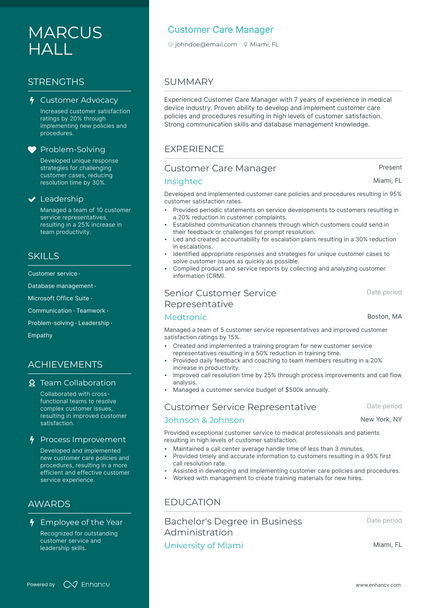 Customer Care Manager resume example