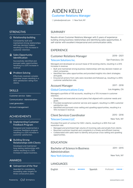 Customer Relations Manager resume example