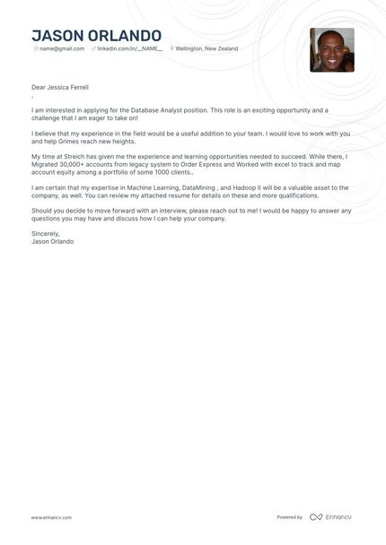 Database Analyst cover letter