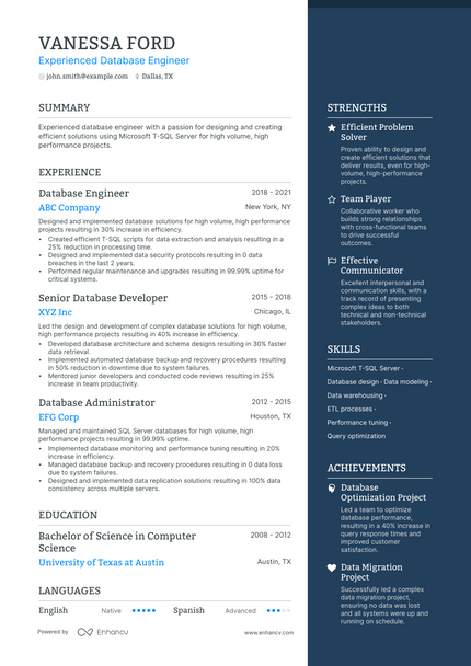 Database Engineer resume example