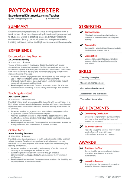 Distance Learning Teacher resume example