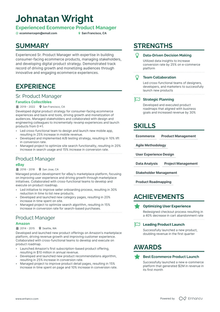 Ecommerce Product Manager resume example