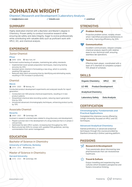 5 Entry Level Chemist Resume Examples & Guide for 2023