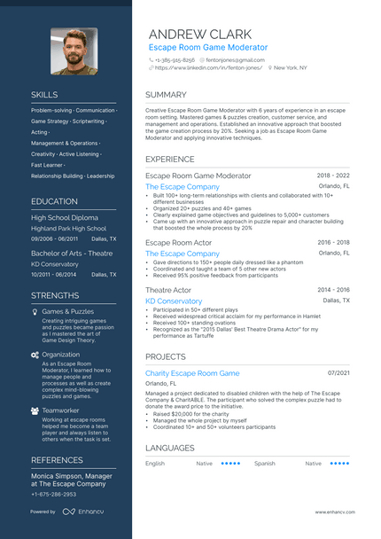 Escape Room Manager resume example