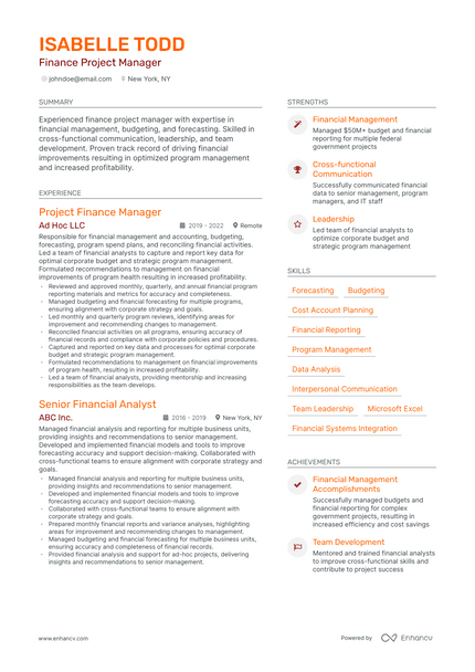 Finance Project Manager resume example