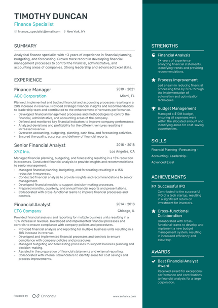 Finance Specialist resume example
