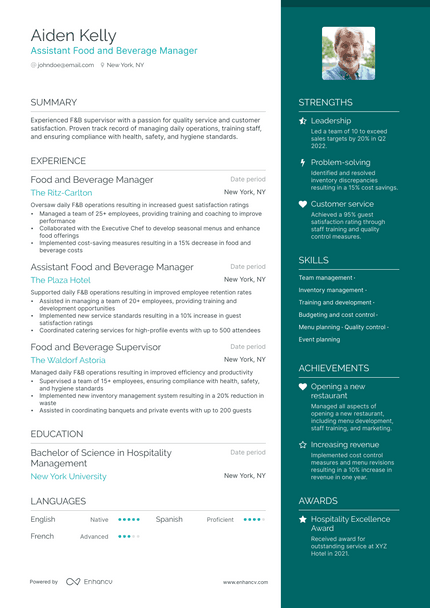 Food And Beverage Manager resume example