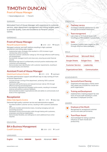 Front Of House Manager resume example