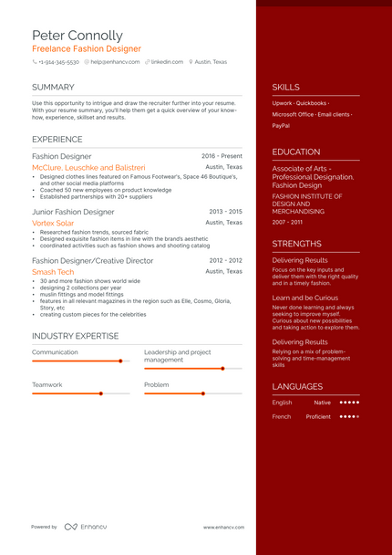 Freelance Fashion Designer resume example