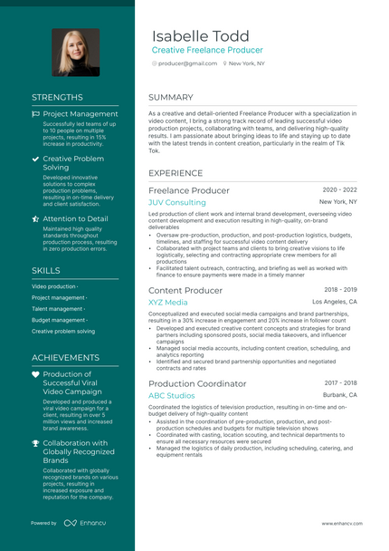 Freelance Producer resume example