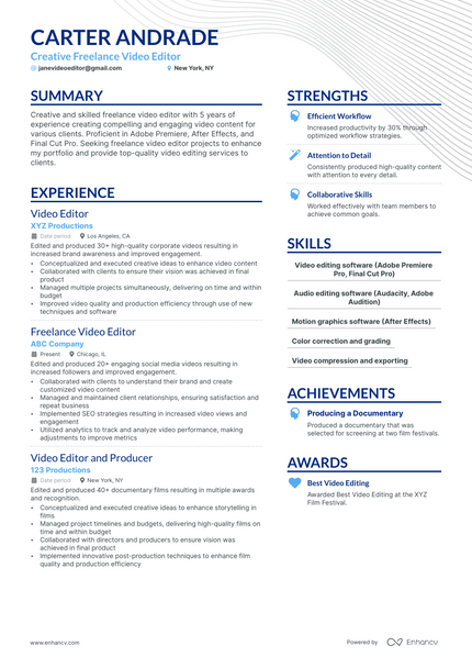 Freelance Video Editor resume example