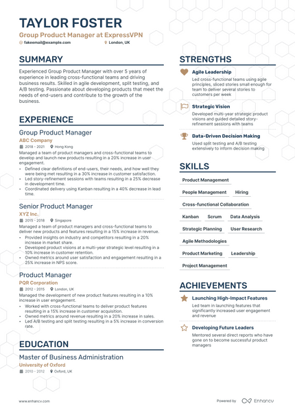 Group Product Manager resume example