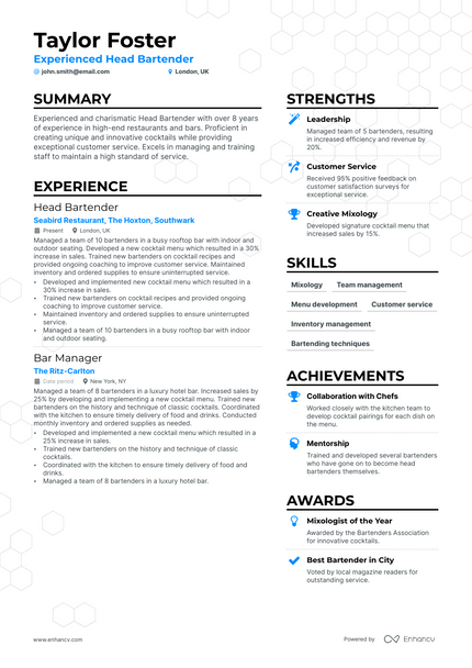 Head Bartender resume example