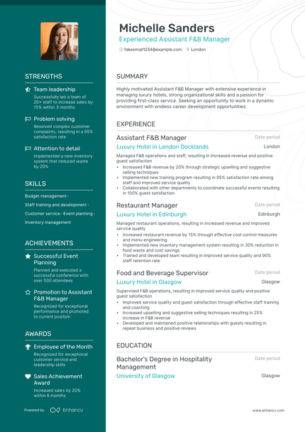 Hotel Assistant Manager resume example