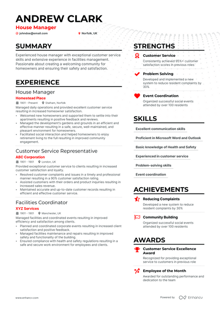 House Manager resume example