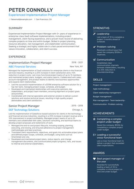 Implementation Project Manager resume example