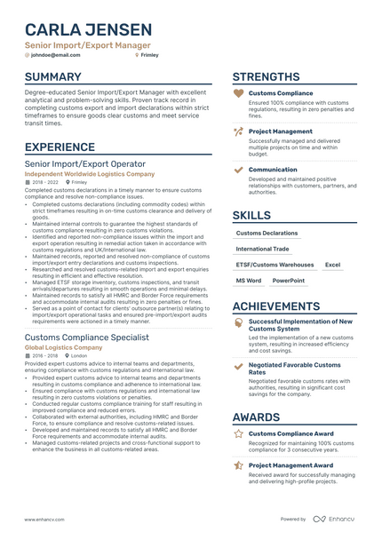Import Export Manager resume example