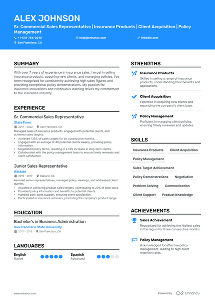 Insurance Sales resume example
