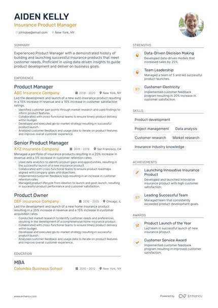 Insurance Product Manager resume example