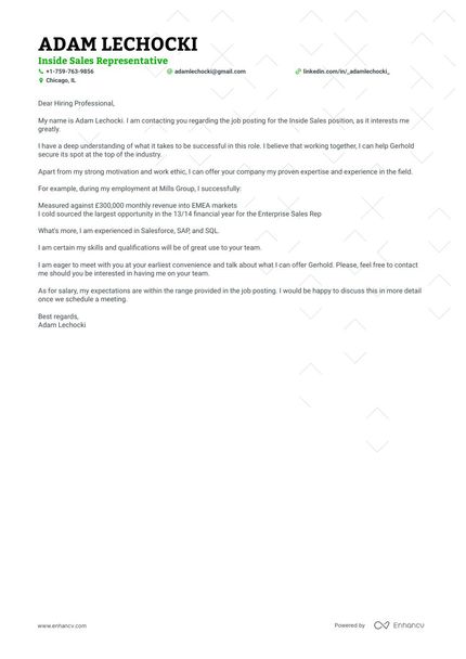 Inside Sales cover letter