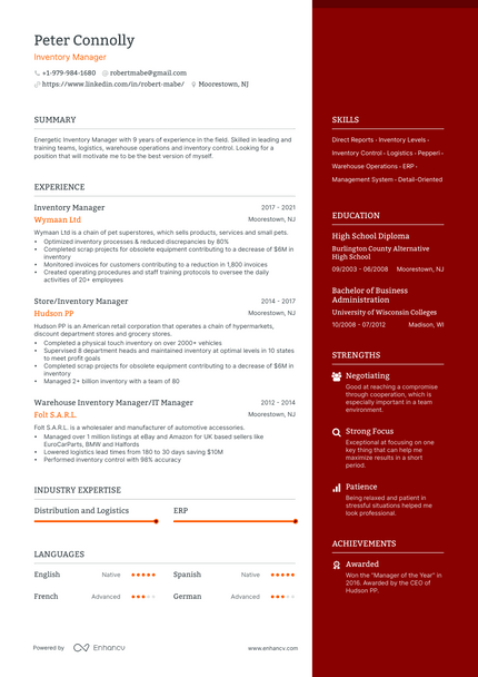 Inventory Manager resume example