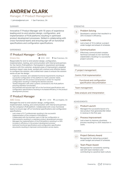 IT Product Manager resume example