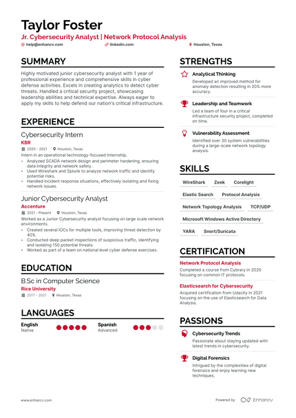 Junior Cyber Security Analyst resume example