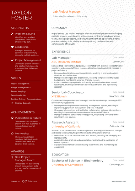 Lab Manager resume example