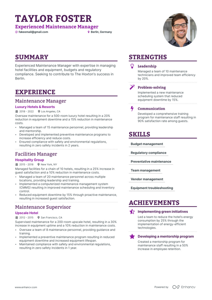 Maintenance Manager resume example