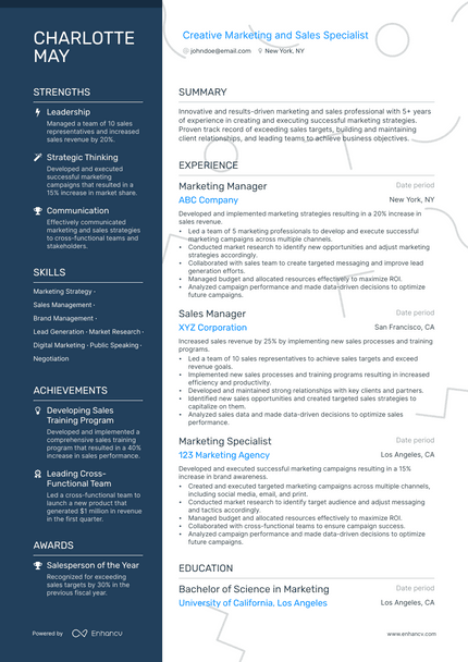 Marketing and Sales resume example