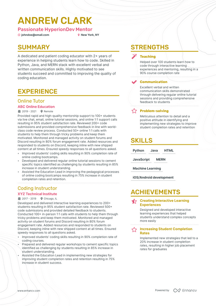Mentor resume example