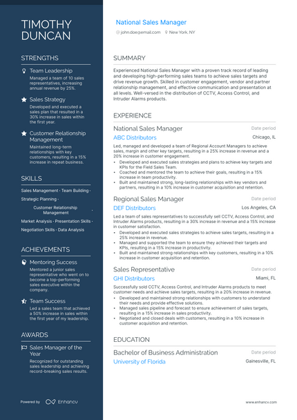 National Sales Manager resume example