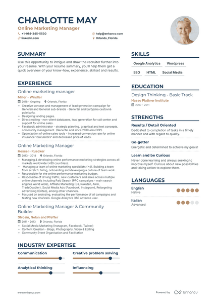 Online Marketing Manager resume example