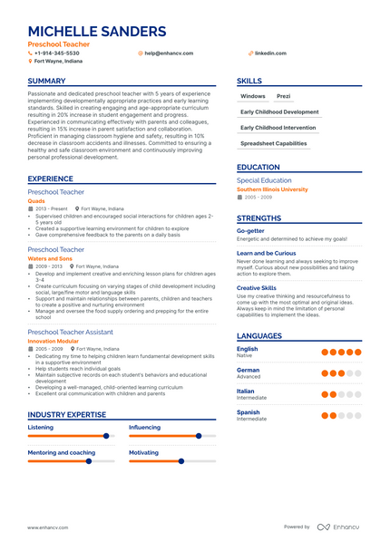 Preschool Teacher resume example