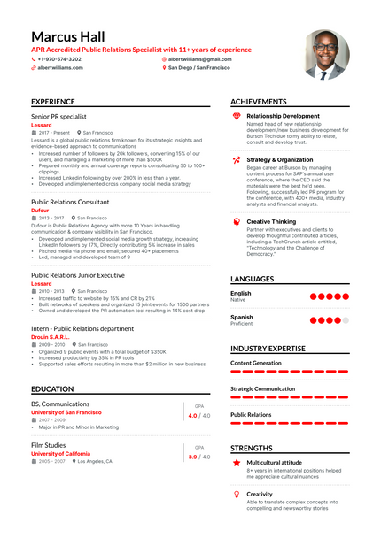 Public Relations Specialist resume example