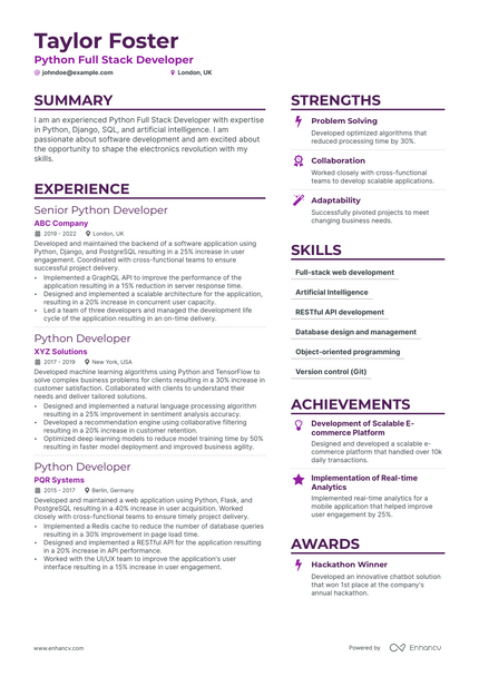 Python Full Stack Developer resume example