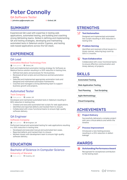 QA Software Tester resume example