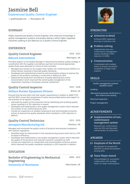 Quality Control Engineer resume example