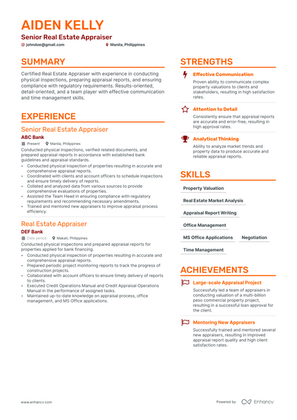 Real Estate Appraiser resume example