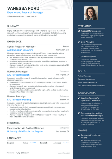 Research Manager resume example