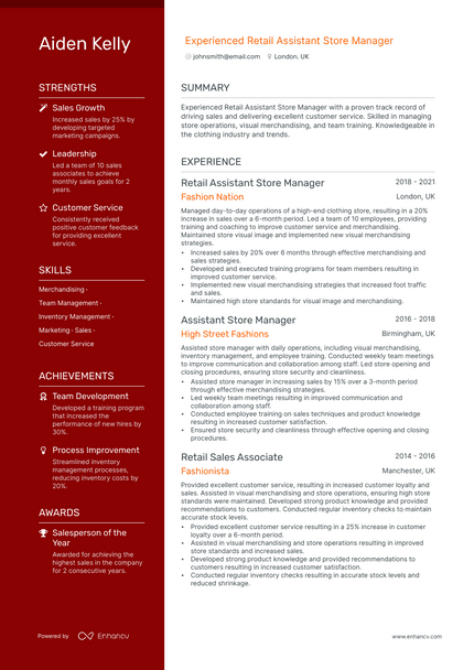 Retail Assistant Store Manager resume example