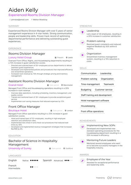 Rooms Division Manager resume example