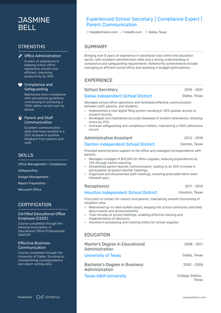 sample resume for school secretary position