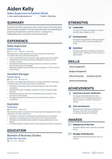 Sales Supervisor resume example